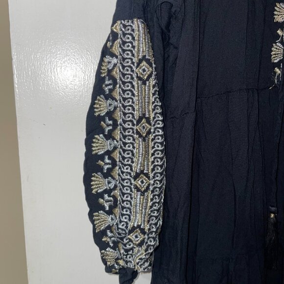 Rachel Zoe Black Gold Silver Embroidered Long Sleeved Dress Swim Coverup Size L - Picture 3 of 10